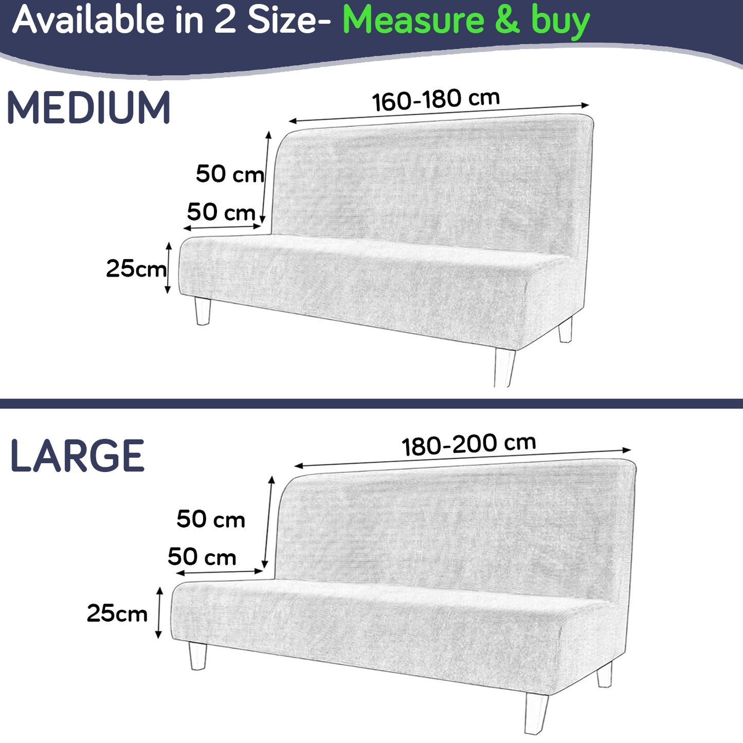 SereneSolids Stretchable Elastic Armless Sofa Cover – 140 GSM, Futon Slipcover, Easy Fit, Navy Blue