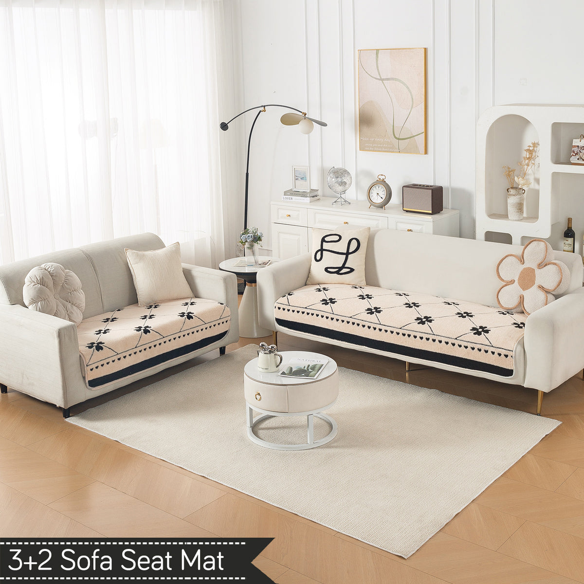 Luxury Plush Sherpa Anti Slip Combination Sofa Mat, 'Noirea Series'|Floral Lattice