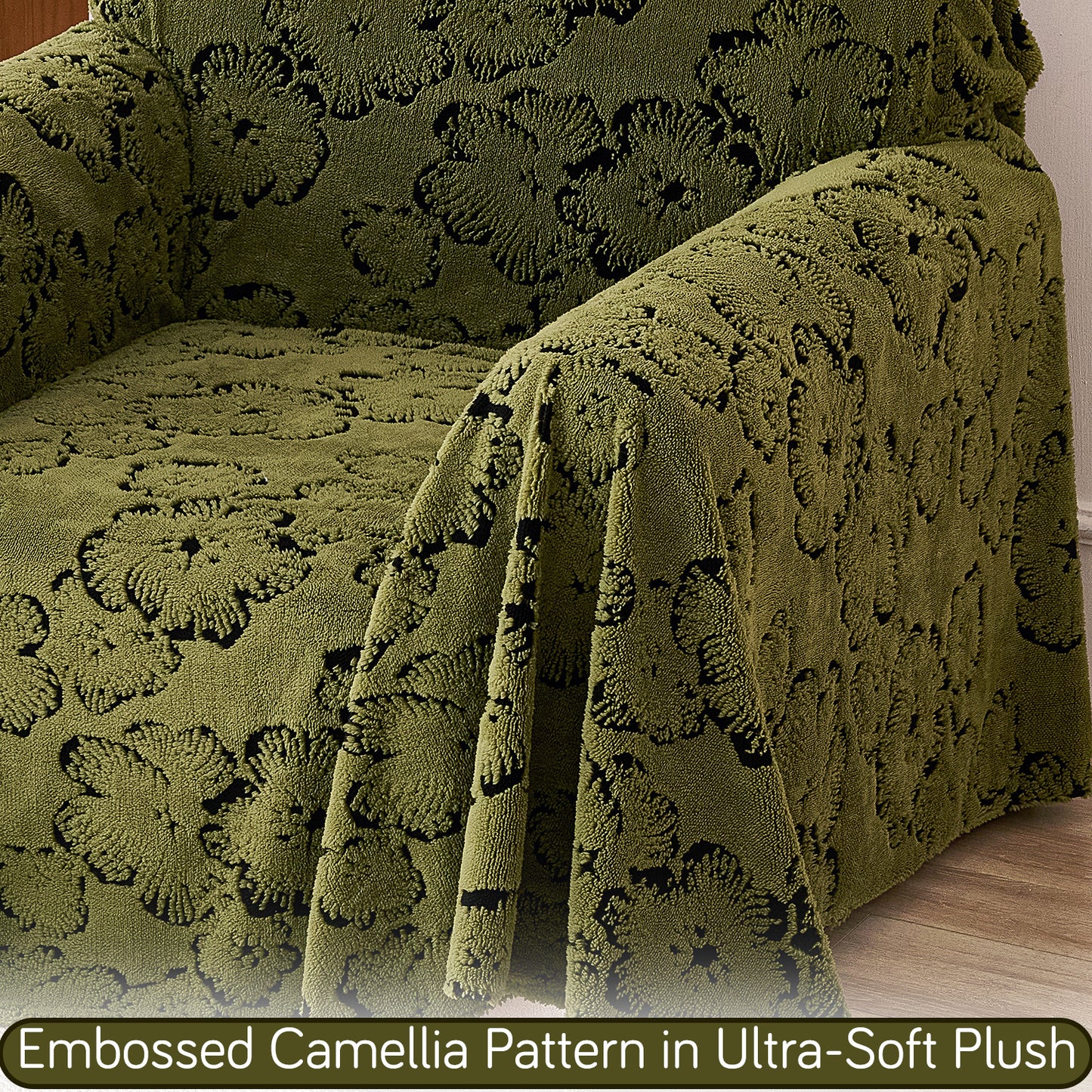 Buy Forest Olive Colour Camellia Blossom Luxury Plush Sofa Throw – Single Seater Sofa | HOKIPO