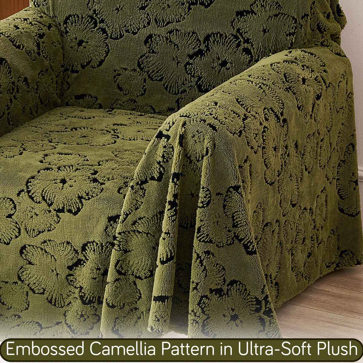 Buy Forest Olive Colour Camellia Blossom Luxury Plush Sofa Throw – Single Seater Sofa | HOKIPO