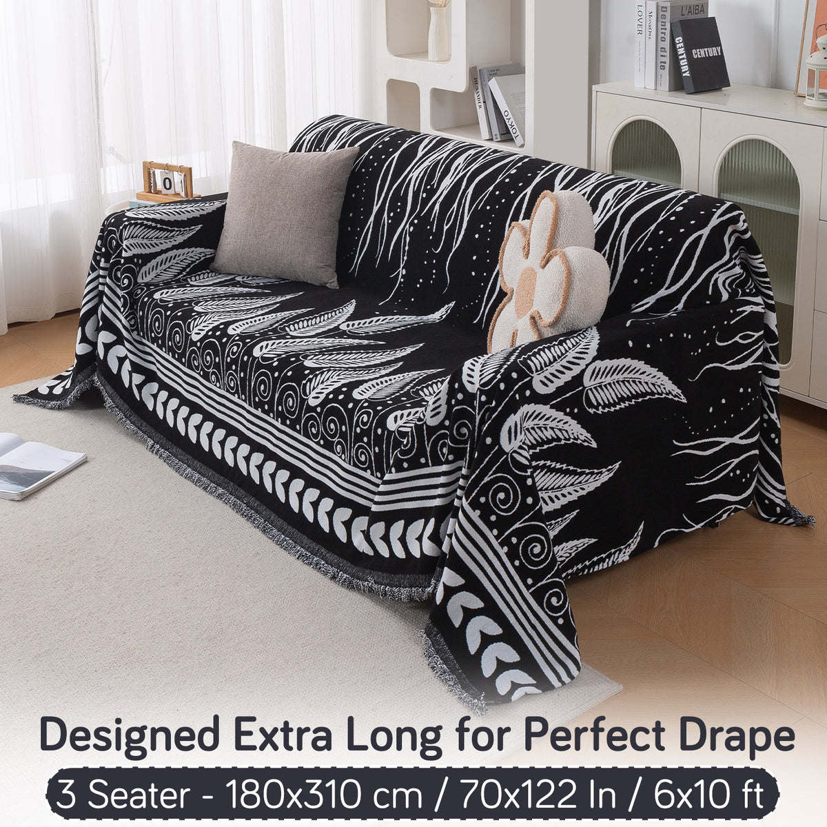 Buy Black Fern Tribal Serene Abode Chenille Three Seater Sofa Throw | HOKIPO