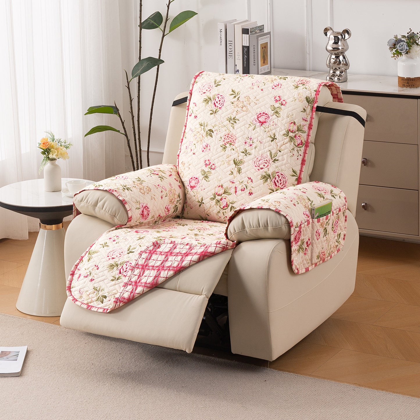 Quilted Cover for Recliner Sofa with SecureFit Belt & Side Pocket, Beige Peonies