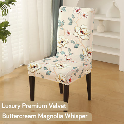 Premium Printed Velvet Dining Chair Cover Set, Buttercream Magnolia Whisper