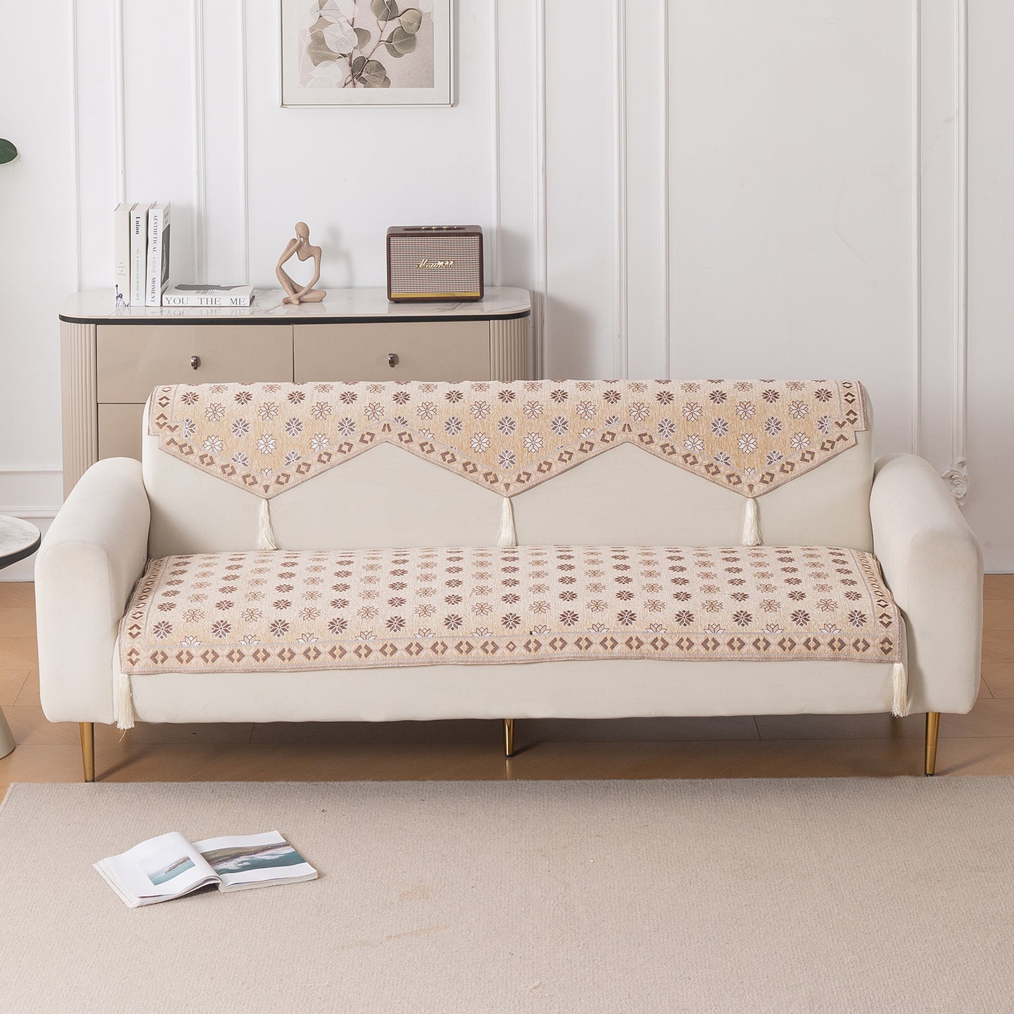 Heritage Weave Premium Jacquard Sofa Cover Set with Tassels - Sandy Beige