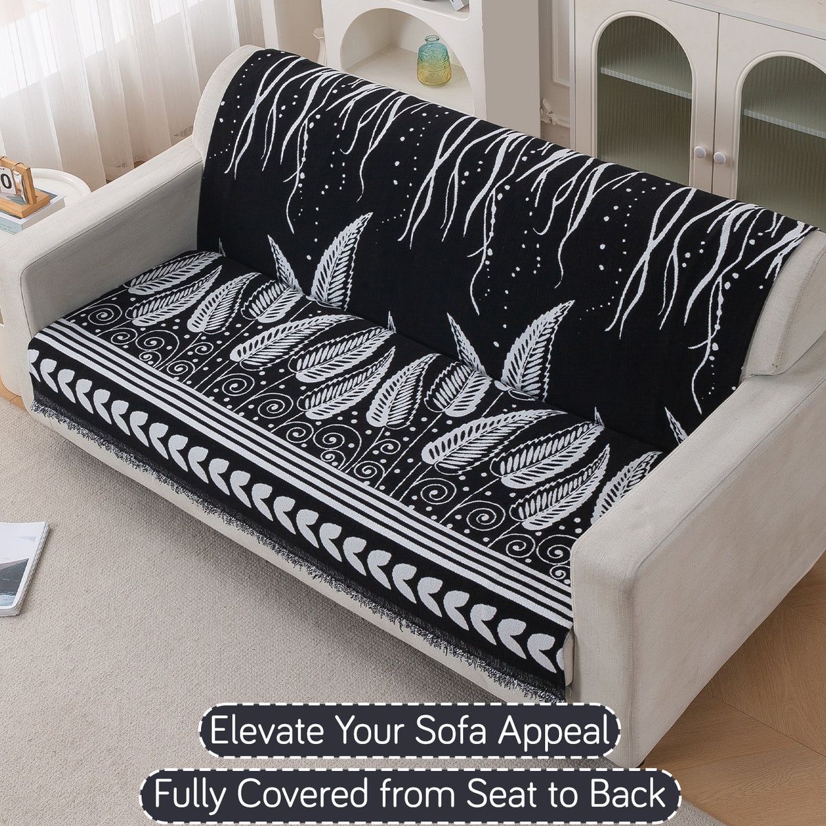 Premium 320 GSM Chenille Sofa Cover 'Serene Abode Series', Black Fern Tribal
