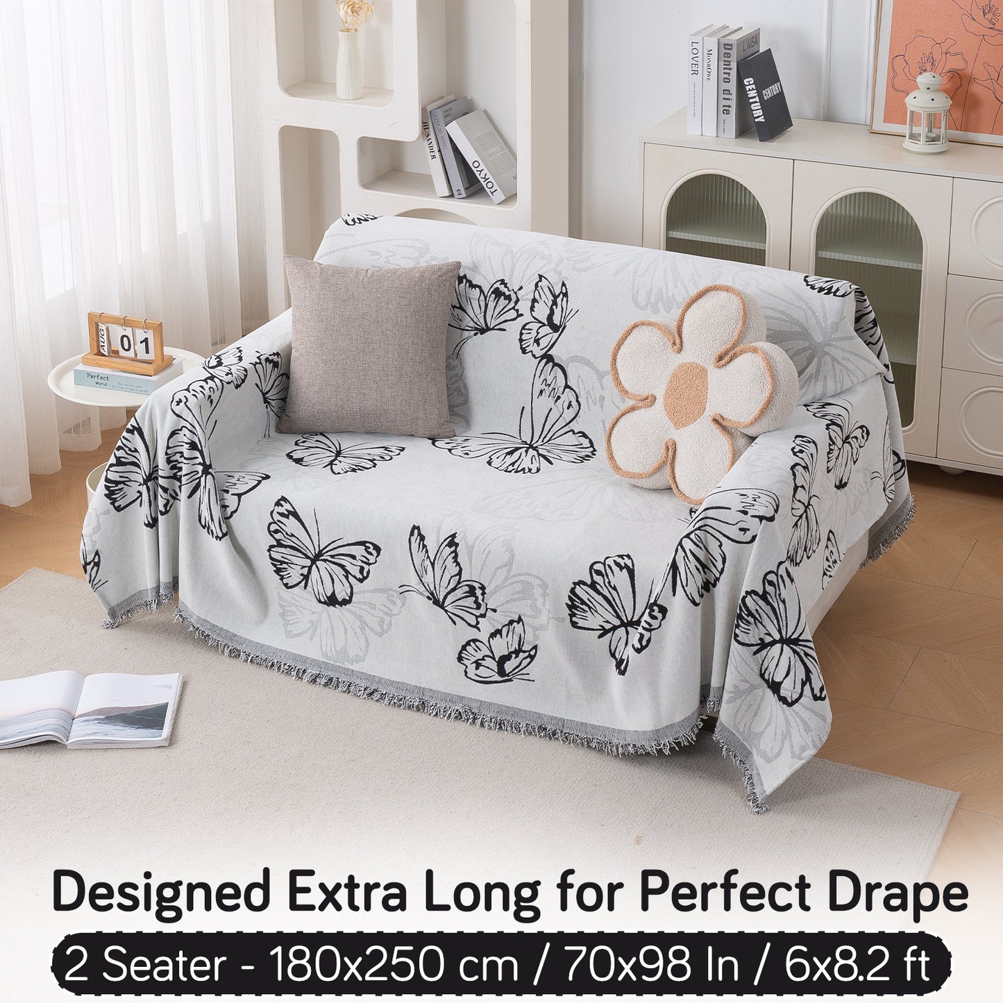 Premium 320 GSM Chenille Sofa Cover Throw All Season 'Serene Abode Series', Monochrome Butterfly
