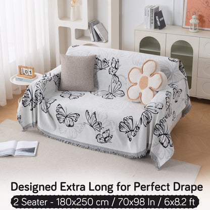 Premium 320 GSM Chenille Sofa Cover Throw All Season 'Serene Abode Series', Monochrome Butterfly