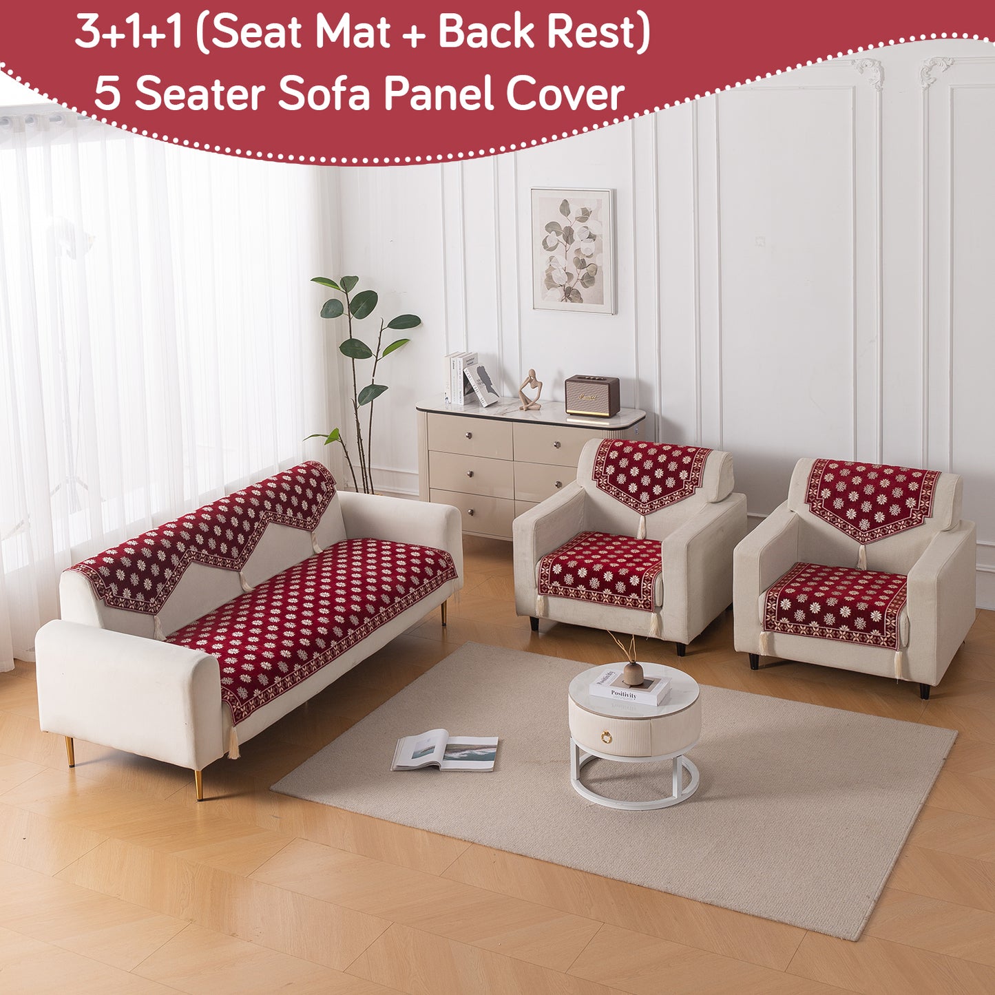 Heritage Weave Premium Jacquard Sofa Cover Set with Tassels -  Crimson Red
