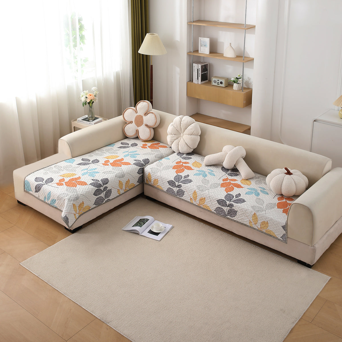 Printed Quilted L Shape Sofa Seat Mat, Multicolor Leaves