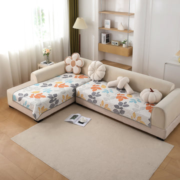 Printed Quilted L Shape Sofa Seat Mat, Multicolor Leaves