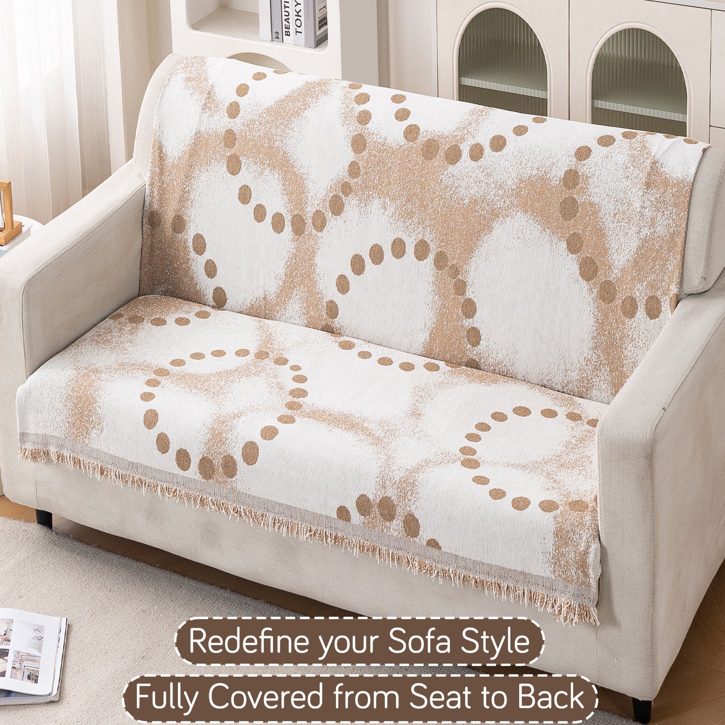 Premium 320 GSM Chenille Sofa Cover 'Serene Abode Series', Latte Dotted Wave