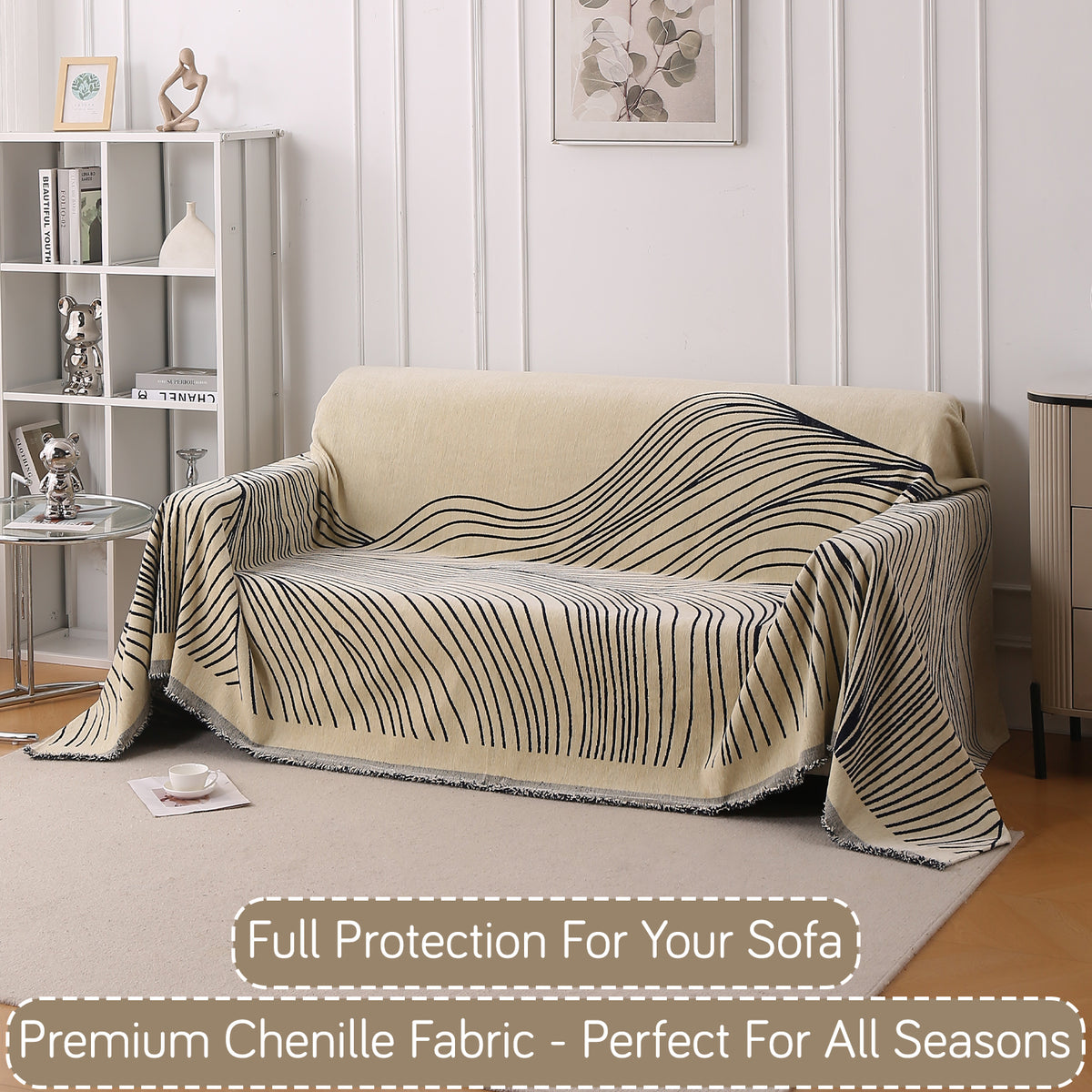Buy Navy Blue Colour WaveLoom Chenille 3 Seater Sofa Throw | HOKIPO