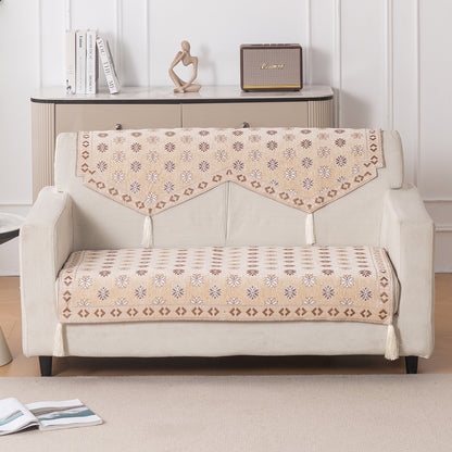 Heritage Weave Premium Jacquard Sofa Cover Set with Tassels - Sandy Beige