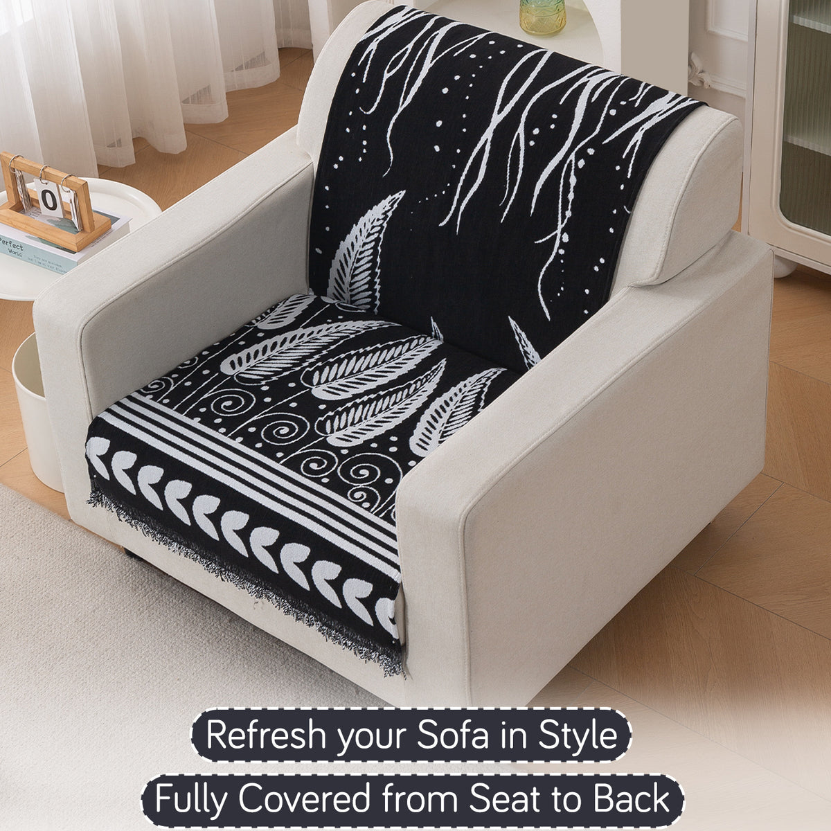 Premium 320 GSM Chenille Sofa Cover 'Serene Abode Series', Black Fern Tribal