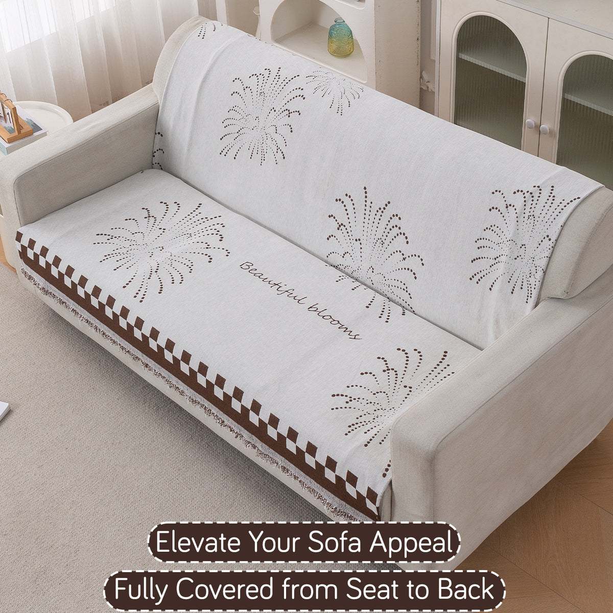 Premium 320 GSM Chenille Sofa Cover 'Serene Abode Series', Brown Dot Burst