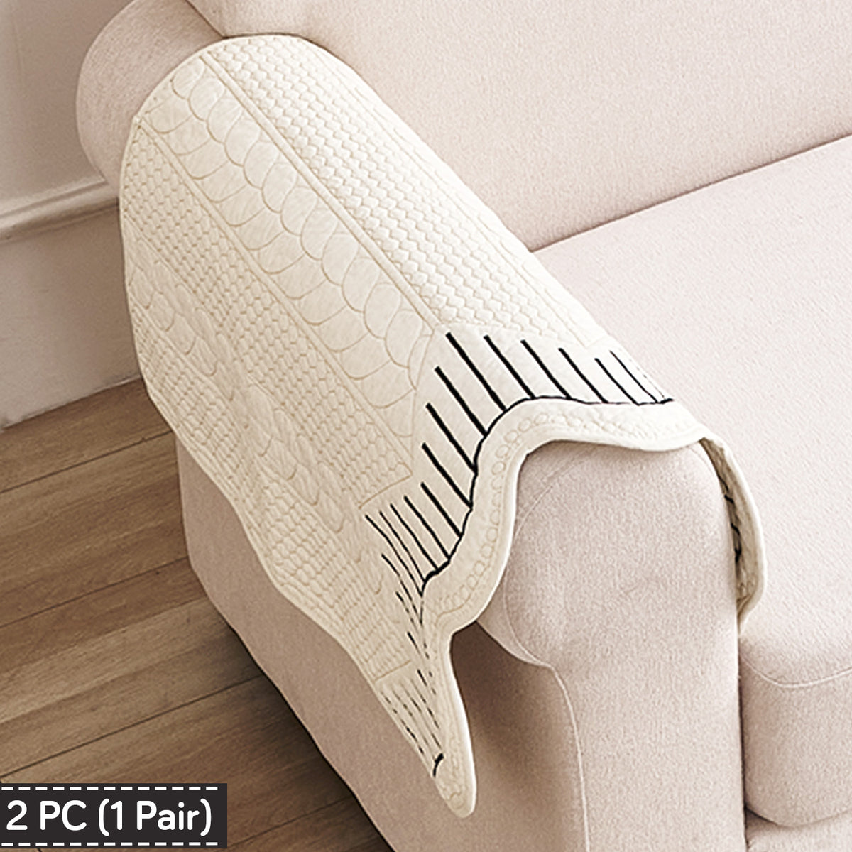 Cotton Reverie with a Curved Wavy Edge Sofa Mat, Midnight Cream