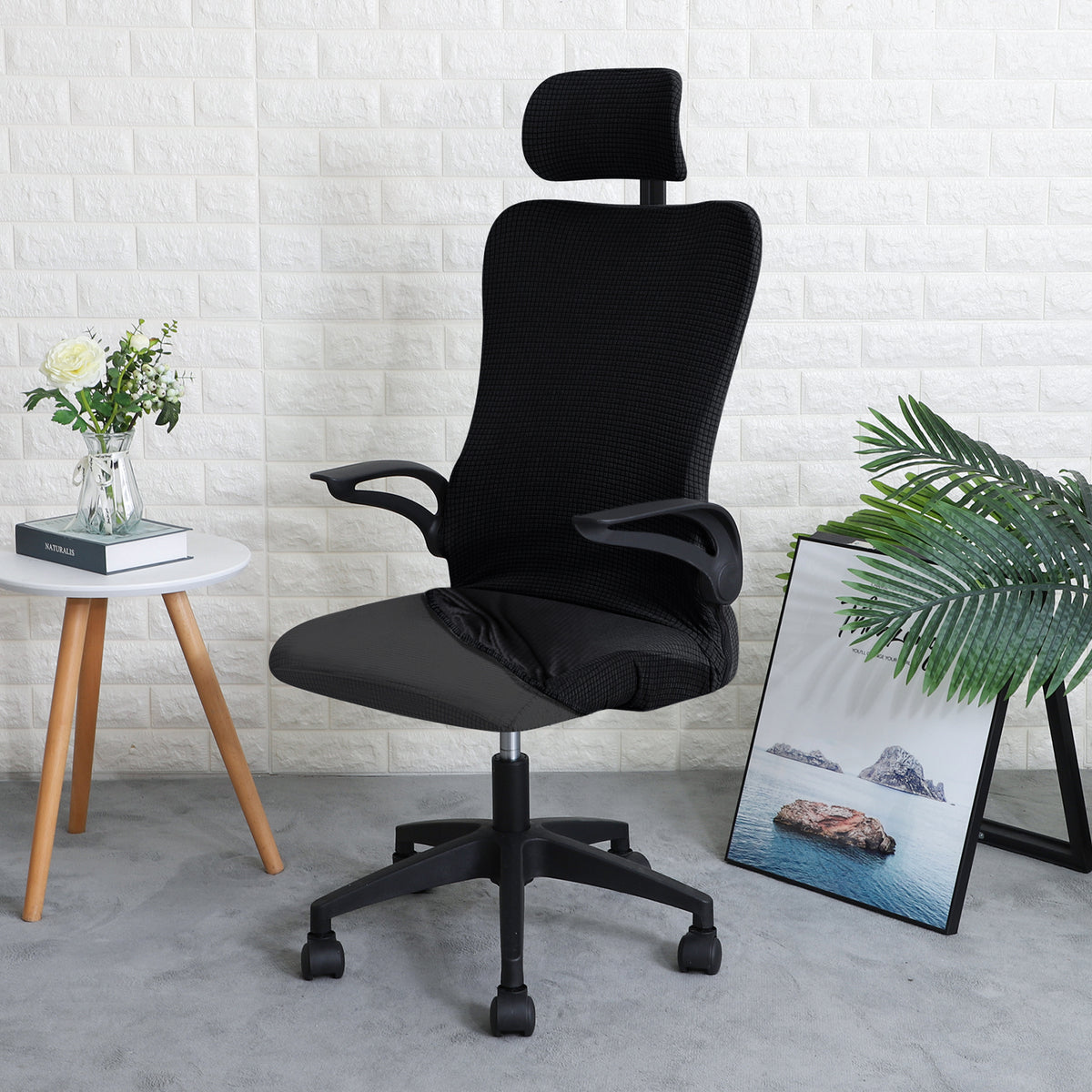 Water Repellent Office Chair Cover with Headrest (High-Back) – 210 GSM Stretch Jacquard – Washable, Anti-Slip Fit for Ergonomic Mesh Office Chairs, Black