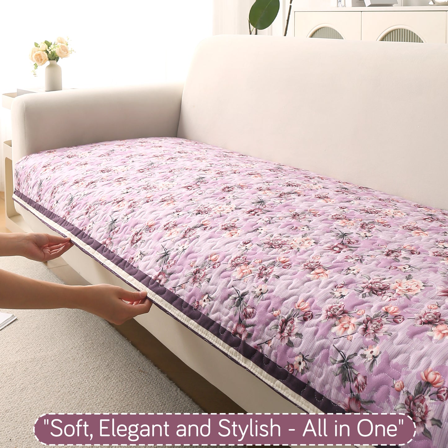 Florentina Series Printed Holland Velvet Sofa Mat - Peony Lavender
