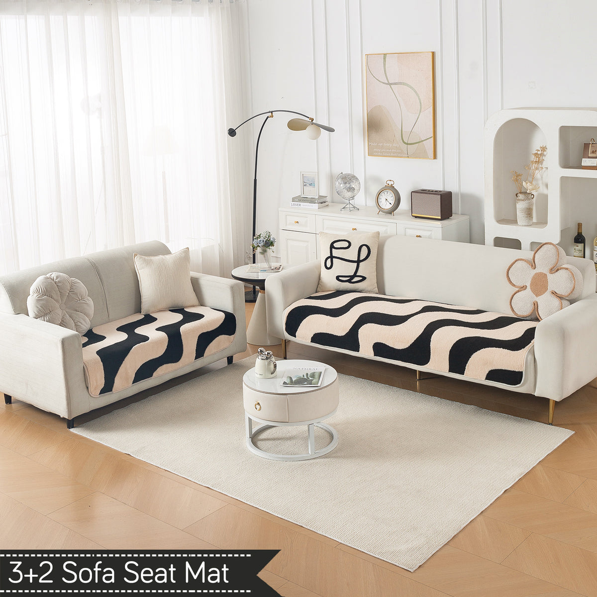 Luxury Plush Sherpa Anti Slip Combination Sofa Mat, 'Noirea Series'|Wavy Stripe