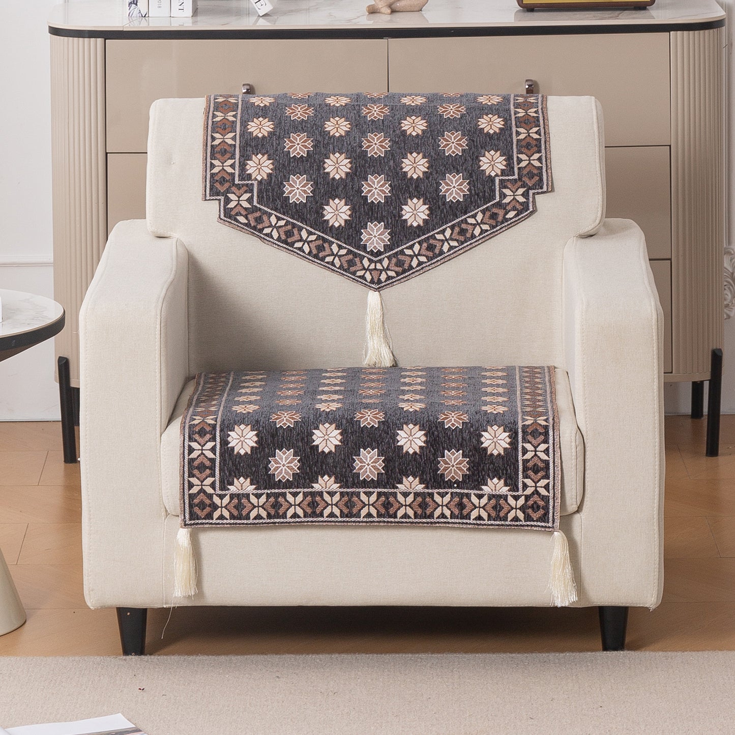 Heritage Weave Premium Jacquard Sofa Cover Set with Tassels - Graphite Grey