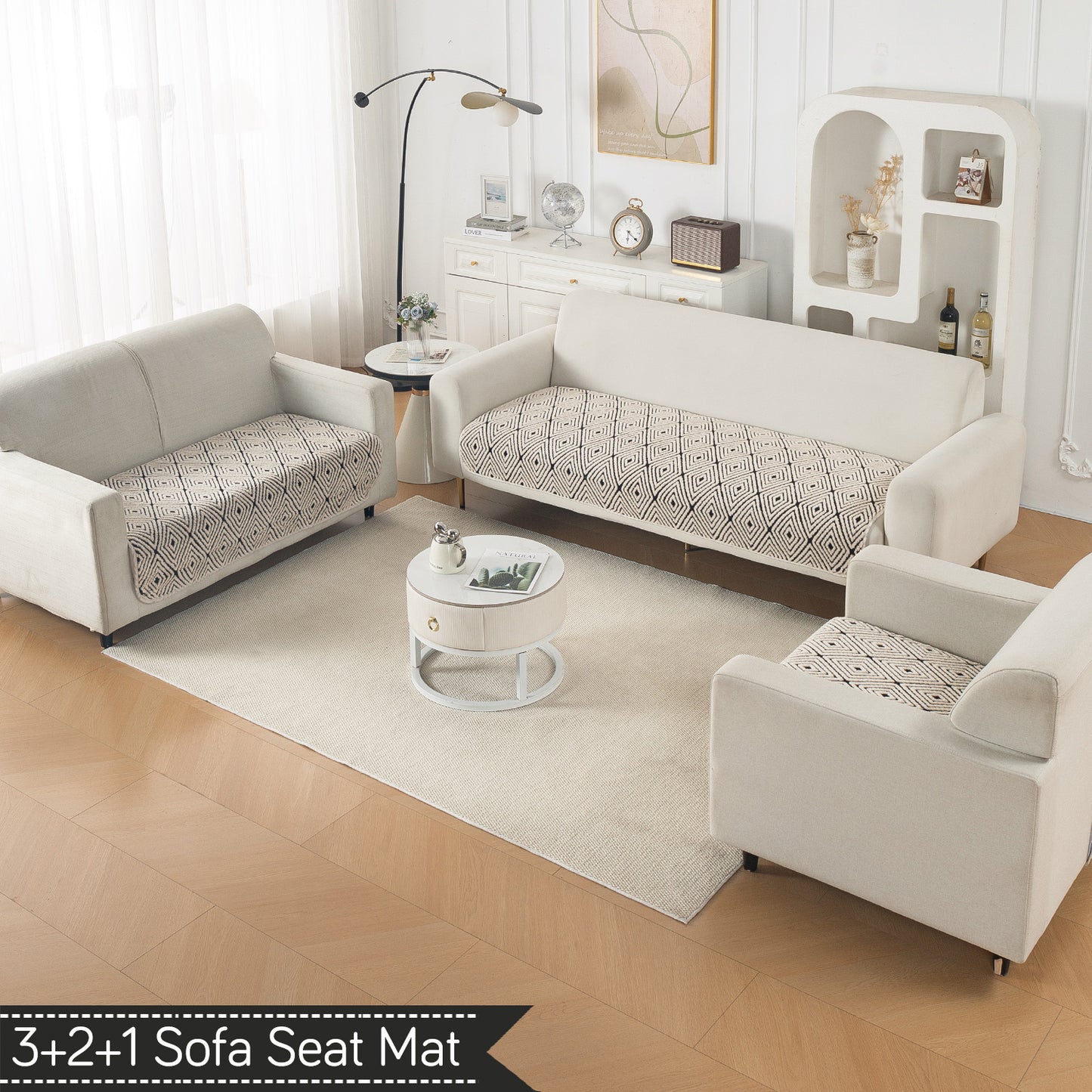 Luxury Plush Sherpa Anti Slip L Shape & Combination Sofa Mat, 'Noirea Series'|Geometric Diamond