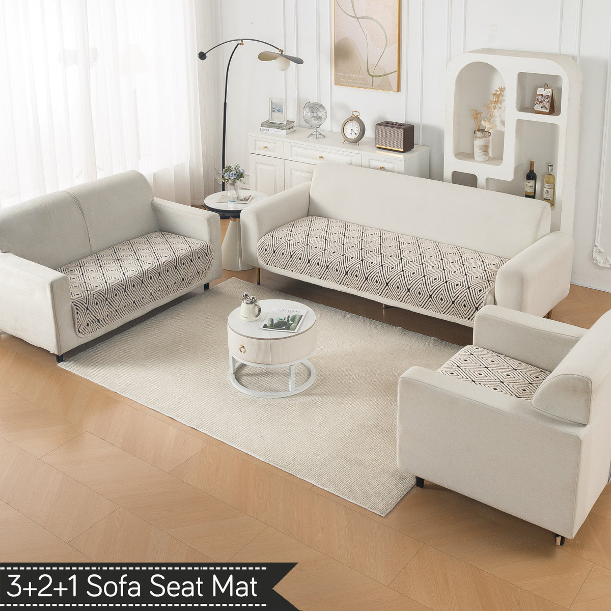 Luxury Plush Sherpa Anti Slip Combination Sofa Mat, 'Noirea Series'|Geometric Diamond