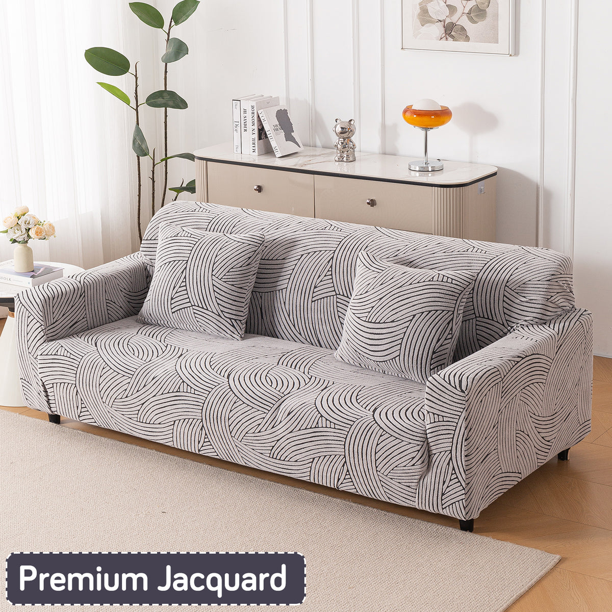 Buy Elastic classic white colour waveline series jacquard 4 seater sofa cover​
