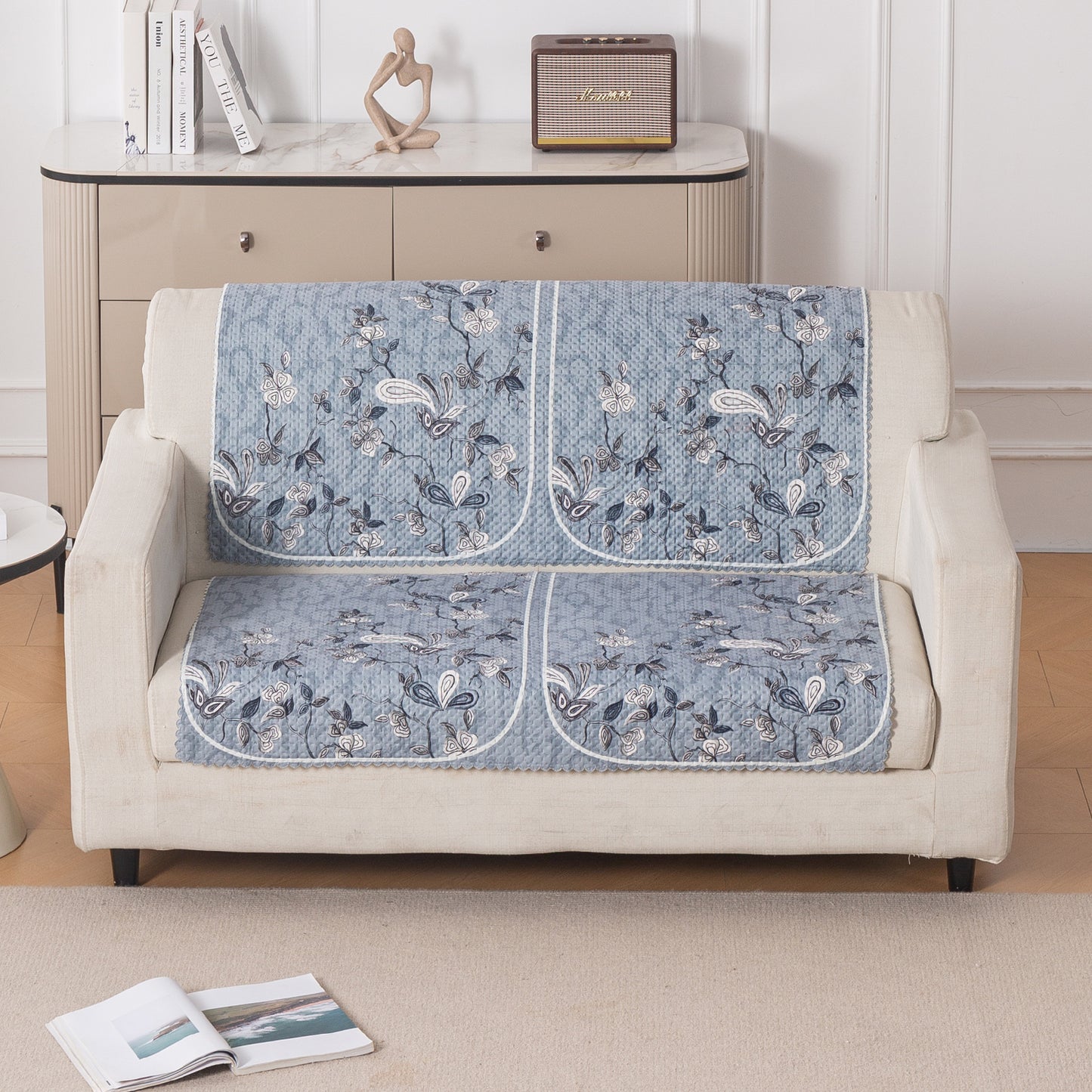 HeavenHue Fleece Soft Touch Quilted Sofa Cover Set Washable Sofa Panel for Seat & Back - Frosted Petals