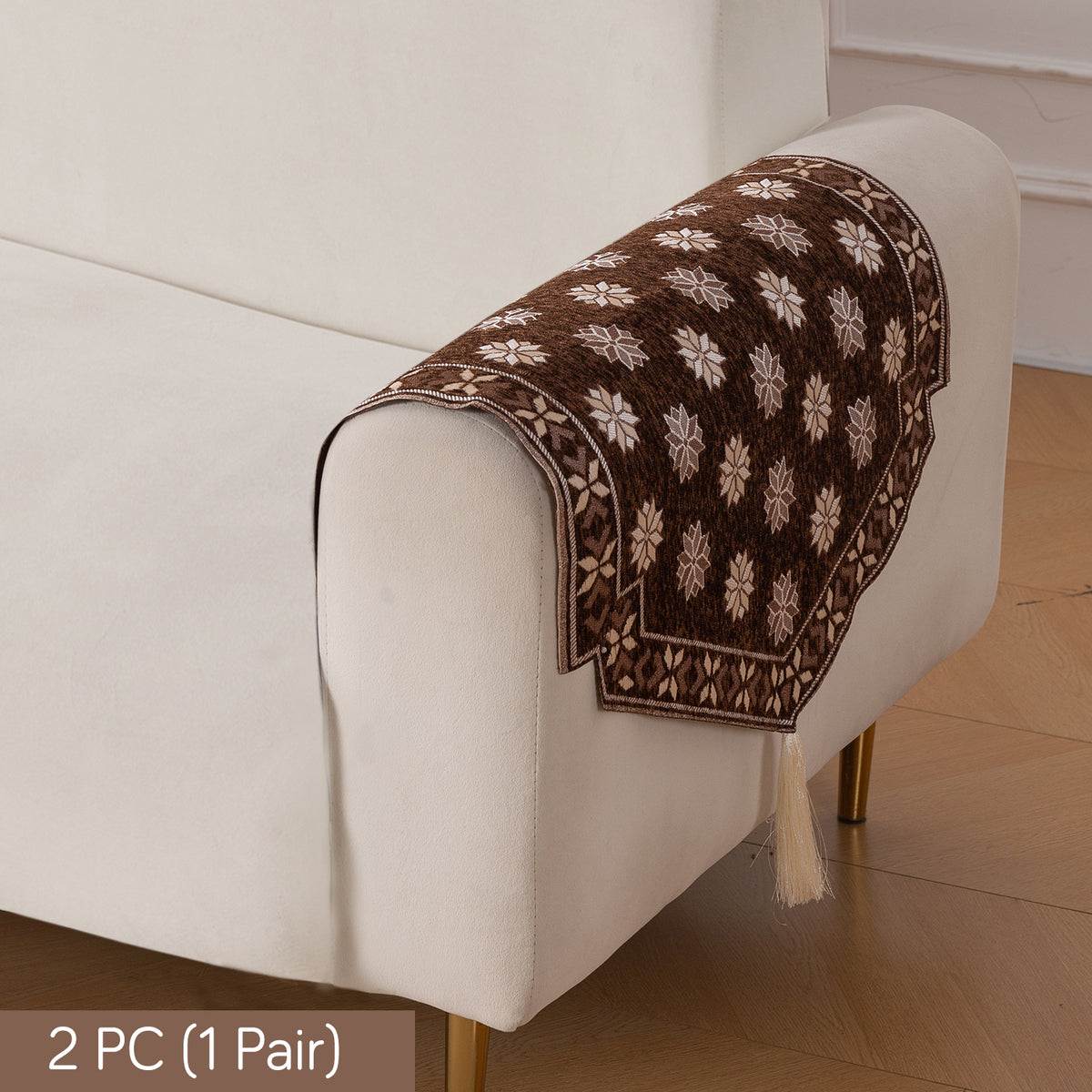 Heritage Weave Premium Jacquard Sofa Cover Set with Tassels - Coffee Brown