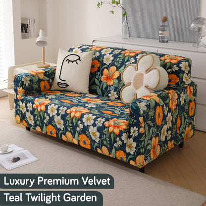 Premium Printed Velvet Sofa Cover 1/2/3 Seaters Fully Covered, Teal Twilight Garden