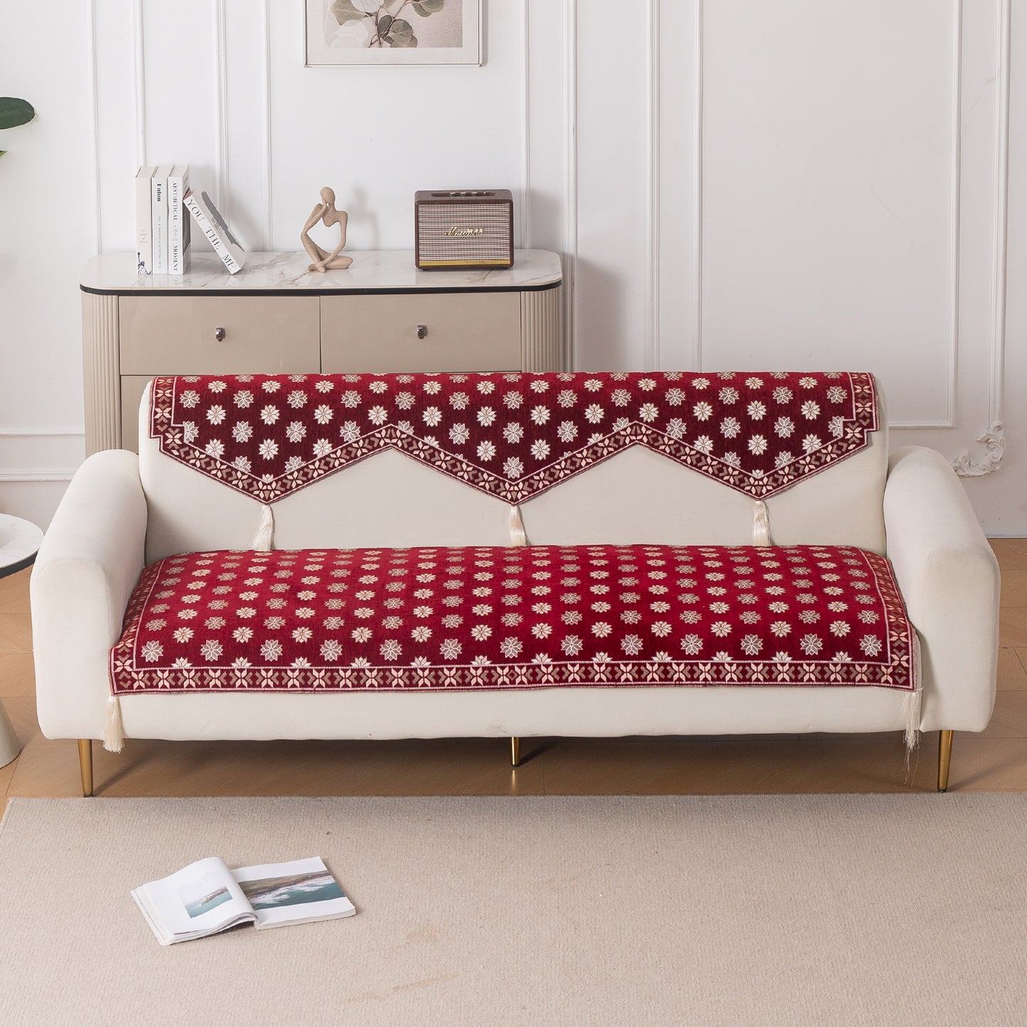 Heritage Weave Premium Jacquard Sofa Cover Set with Tassels -  Crimson Red