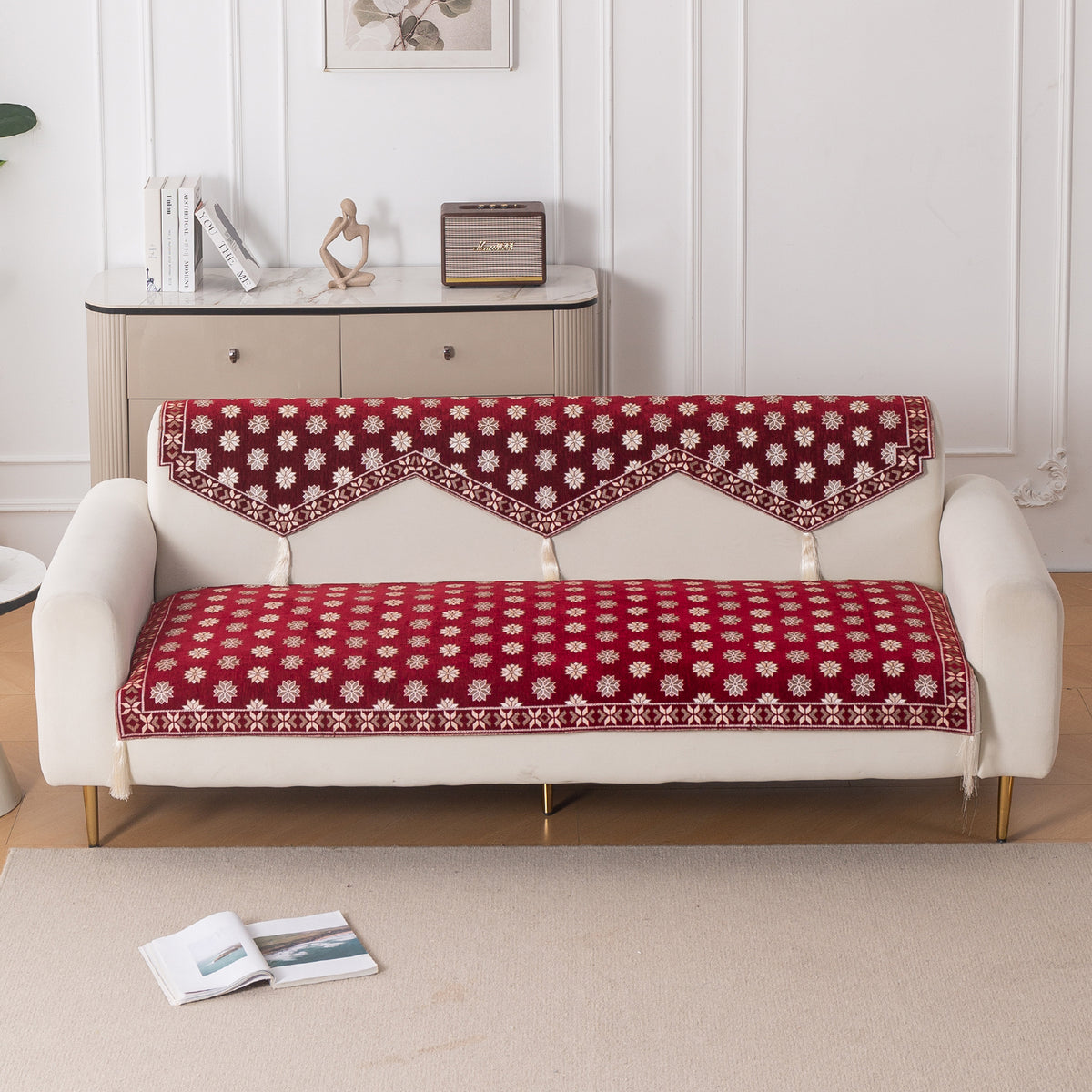 Heritage Weave Premium Jacquard Sofa Cover Set with Tassels -  Crimson Red