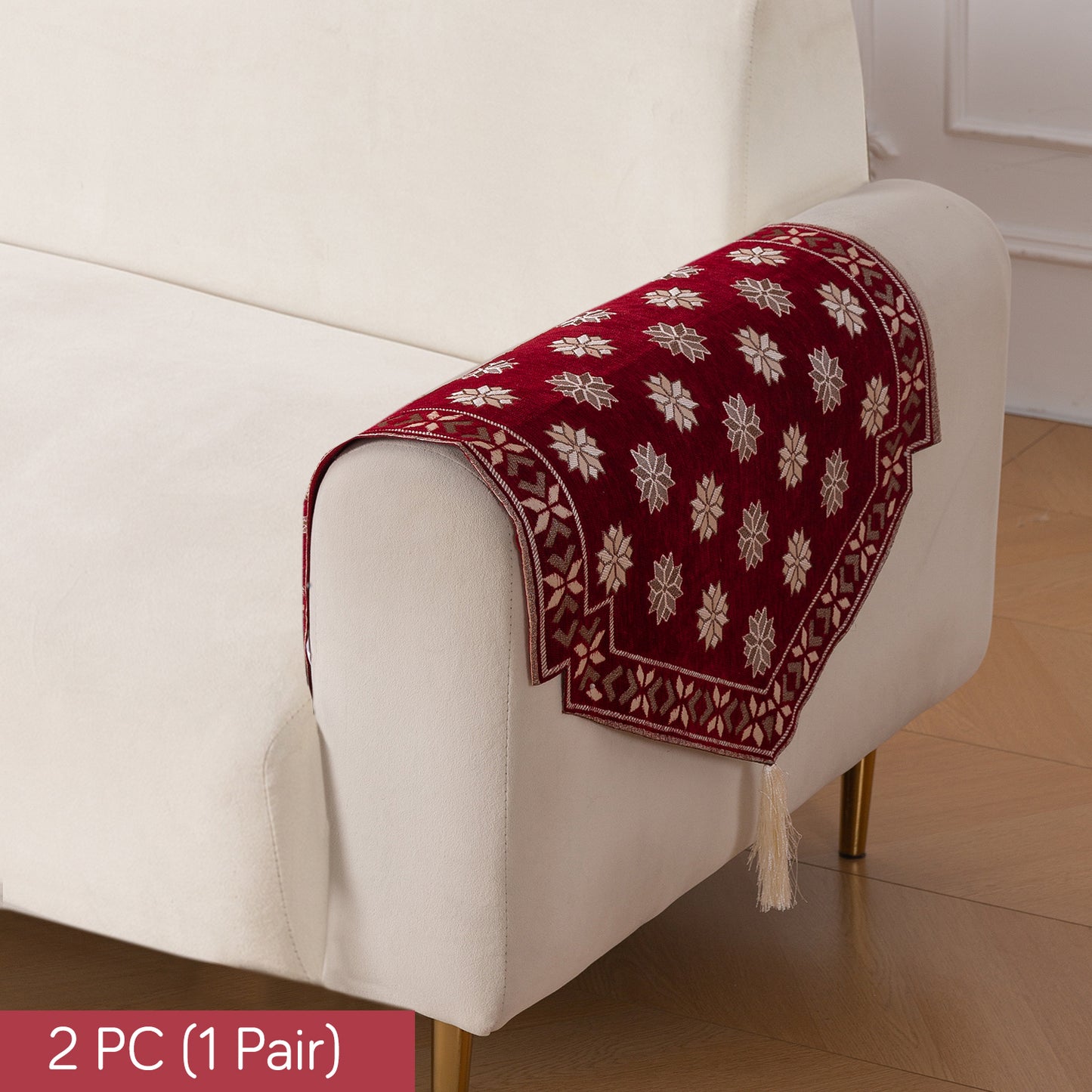 Heritage Weave Premium Jacquard Sofa Cover Set with Tassels -  Crimson Red