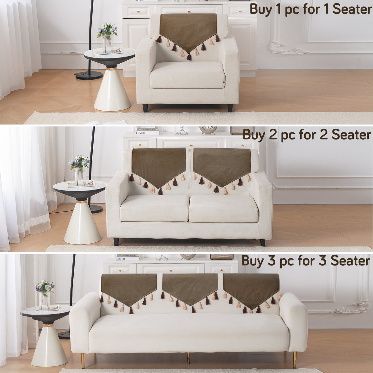 Tassel Tone Holland Velvet Sofa Cover Mat, Coffee Brown