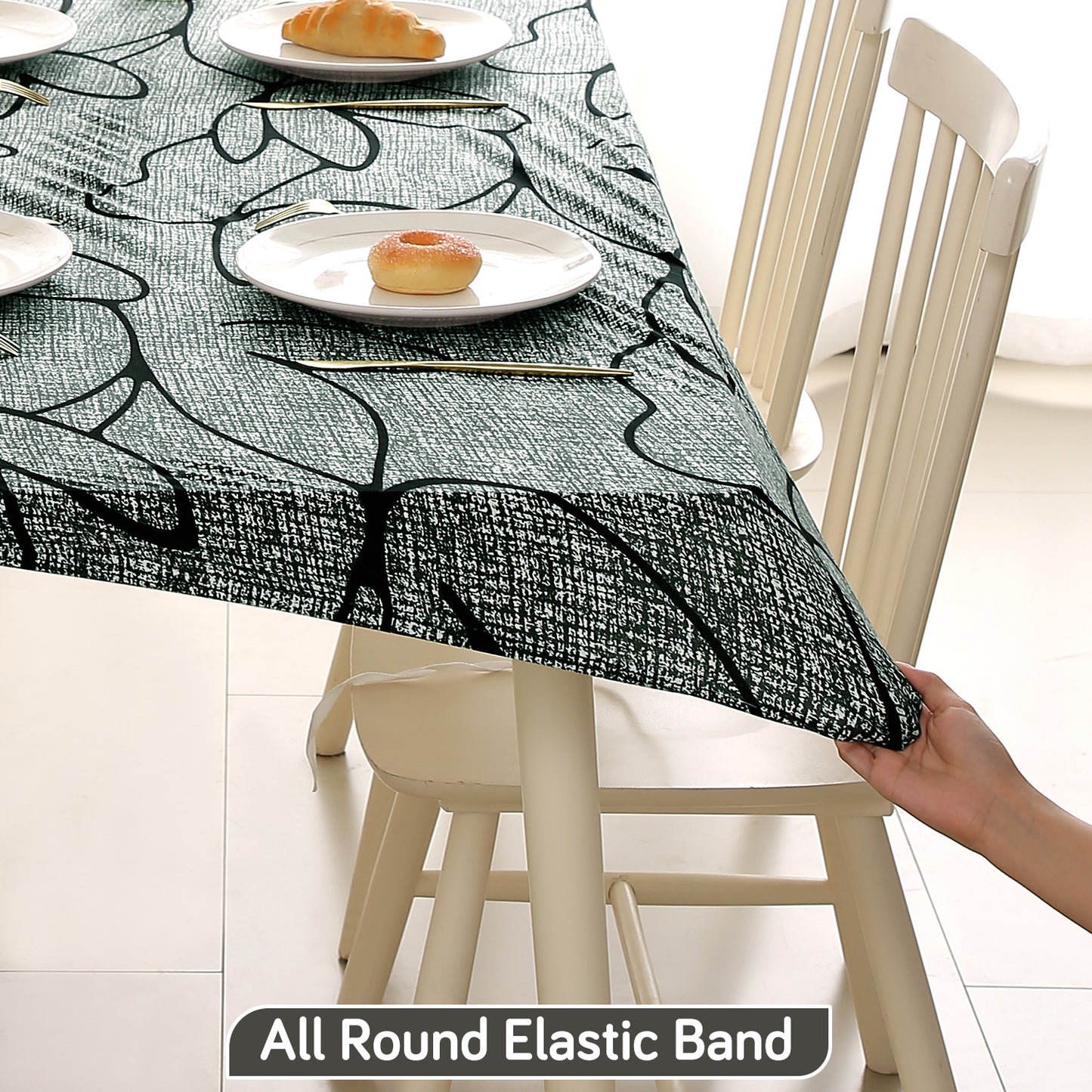 Printed Stretch Fit Water-Repellent & Anti-Slip Table Cloth Cover for 4 Seater / 6 Seater, Intense Grey Abstract Floral