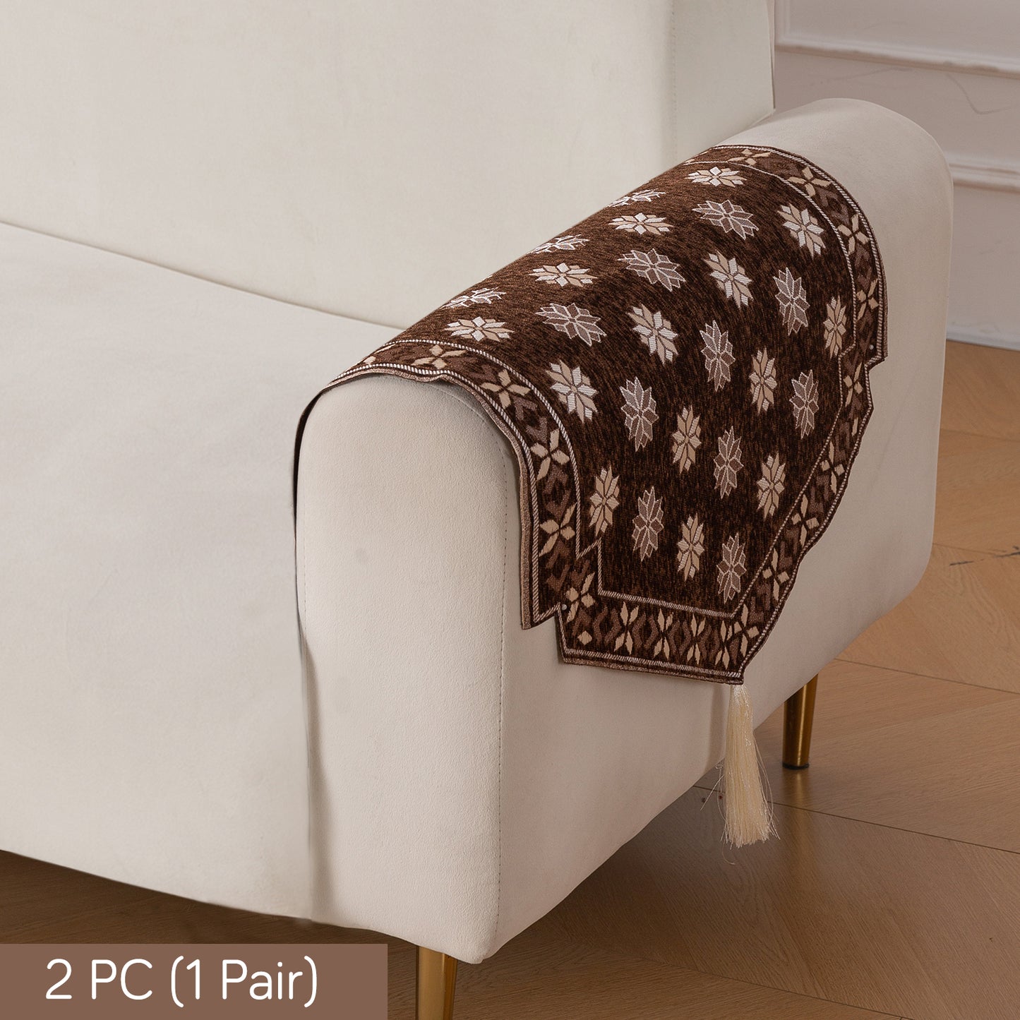 Heritage Weave Premium Jacquard Sofa Cover Set with Tassels - Russet Brown