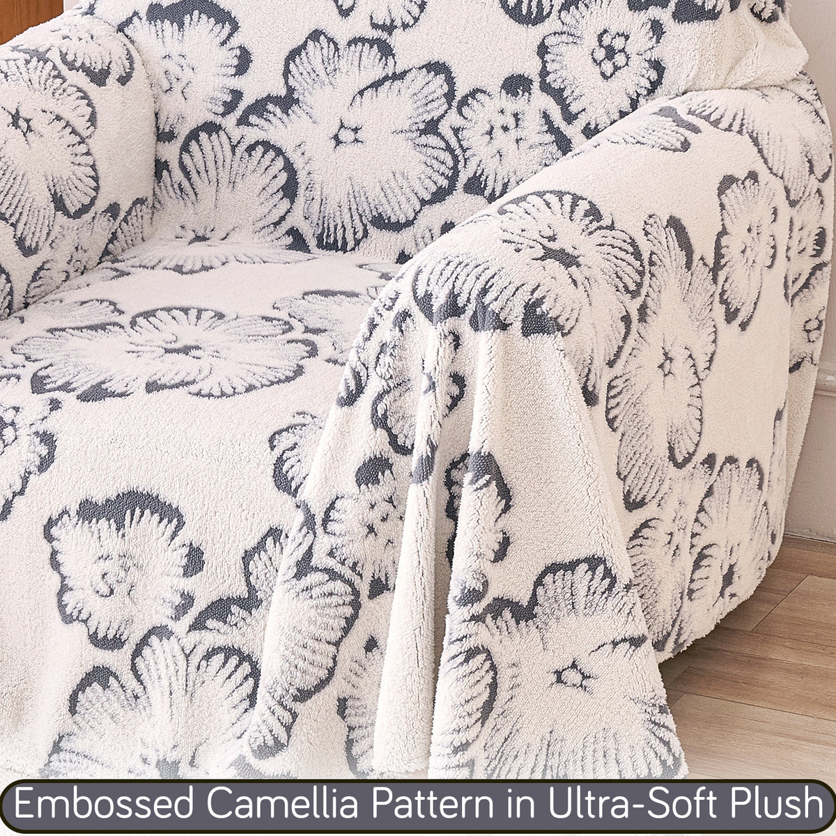 Buy Pearl Grey Colour Camellia Blossom Luxury Plush Sofa Throw Online