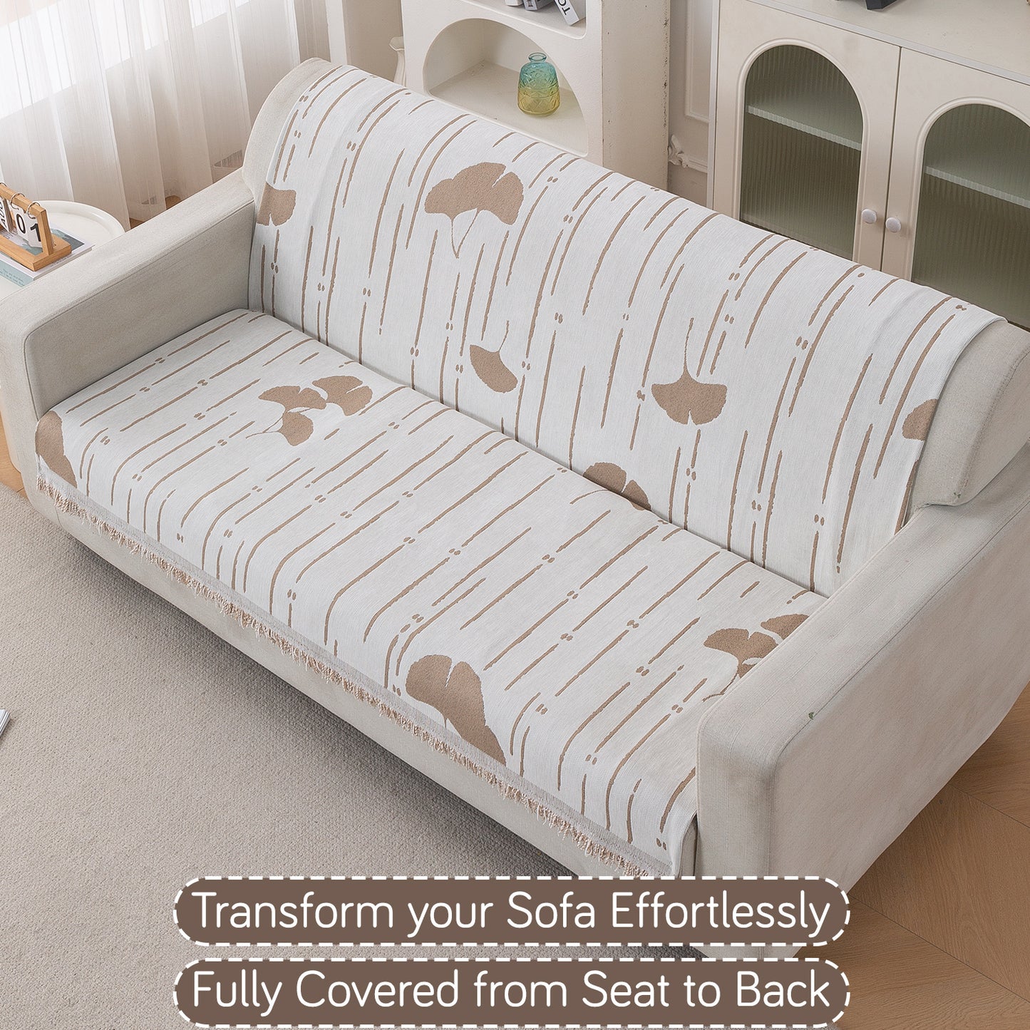 Premium 320 GSM Chenille Sofa Cover 'Serene Abode Series', Beige Ginkgo Lines