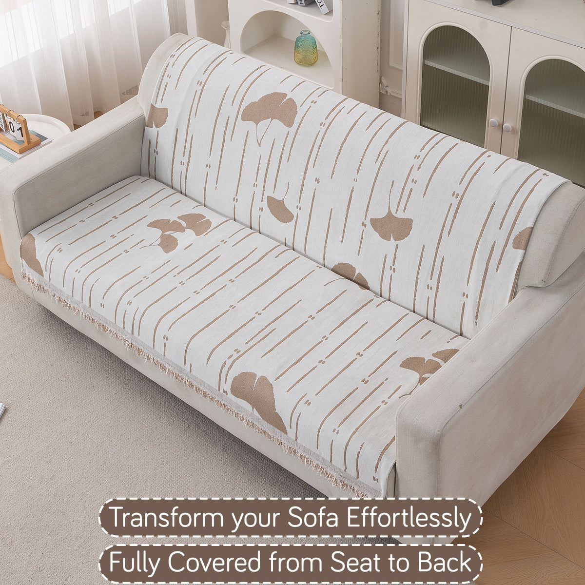 Premium 320 GSM Chenille Sofa Cover 'Serene Abode Series', Beige Ginkgo Lines
