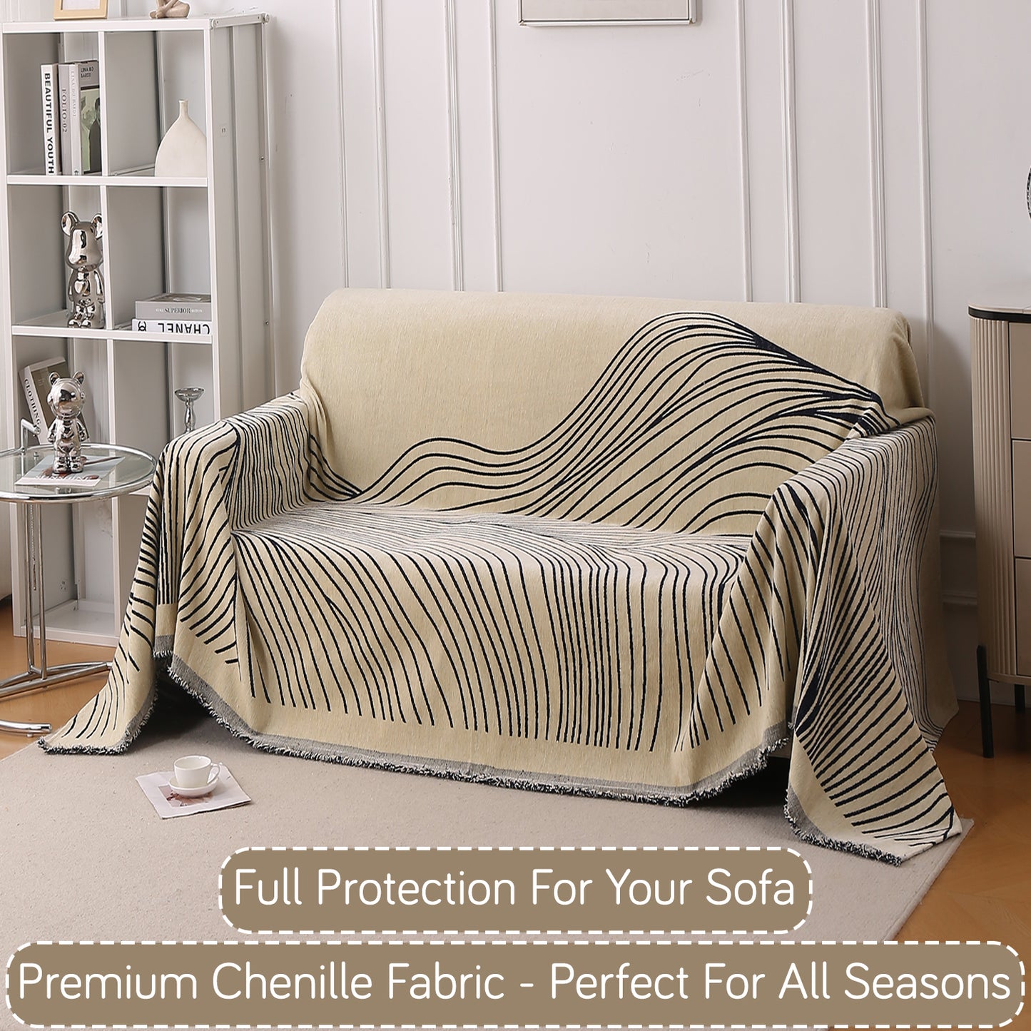 WaveLoom Collection Printed Chenille Sofa Cover Throw, Navy Blue