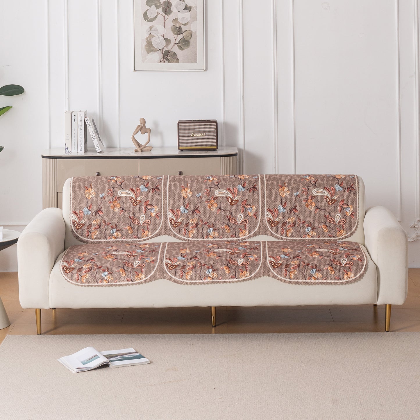 HeavenHue Fleece Soft Touch Quilted Sofa Cover Set Washable Sofa Panel for Seat & Bk - Vintage Bloom