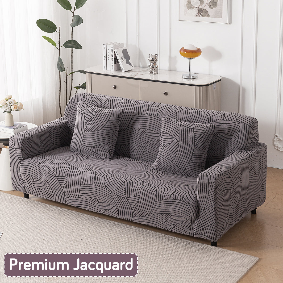 Buy charcoal grey colour waveline series jacquard four seater sofa cover