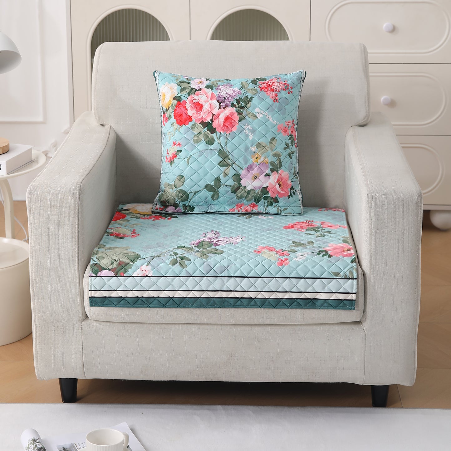 LiefNest Printed Holland Velvet Sofa Mat with Foam Filling - Fresh Floral Pastel Blue for 1/2/3 Seater & Armrest