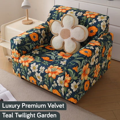Premium Printed Velvet Sofa Cover 1/2/3 Seaters Fully Covered, Teal Twilight Garden