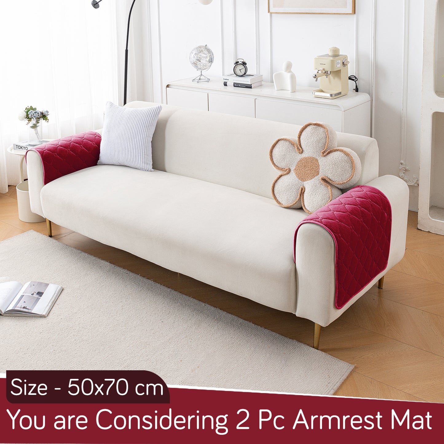Diamond Tuft Plush Sofa Cover Mat, Raspberry Red