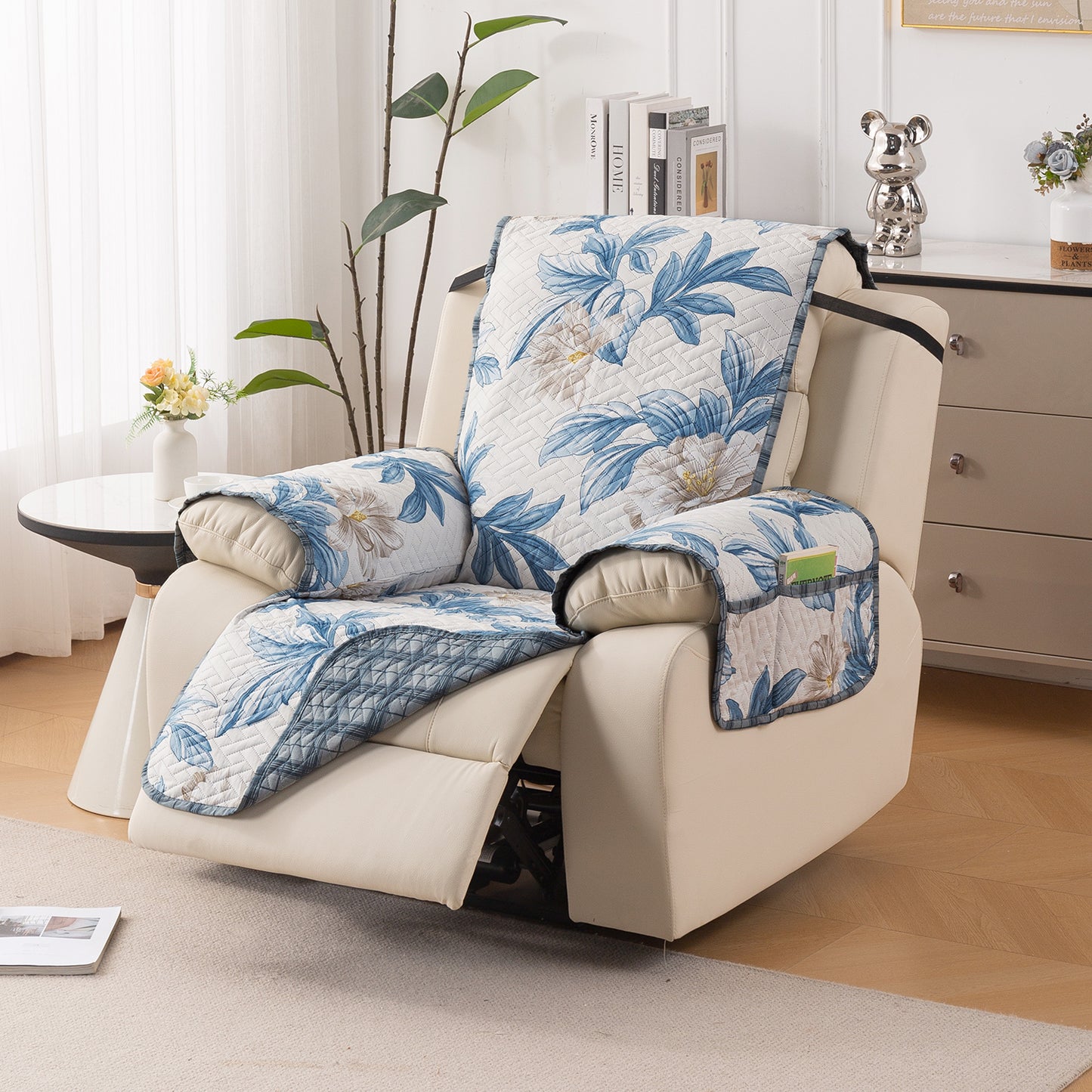 Quilted Cover for Recliner Sofa with SecureFit Belt & Side Pocket, Celadon Blue Camellia
