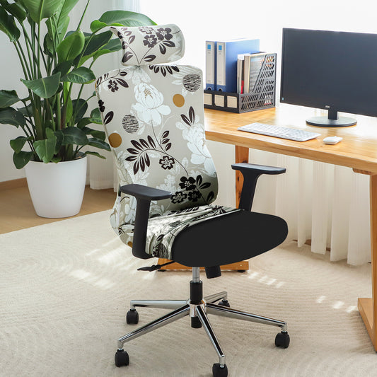 Printed Office Chair Cover with Headrest (High-Back) – 140 GSM Stretch Fabric – Washable, Anti-Slip Fit for Ergonomic Mesh Office Chairs, Feather Brown Floral
