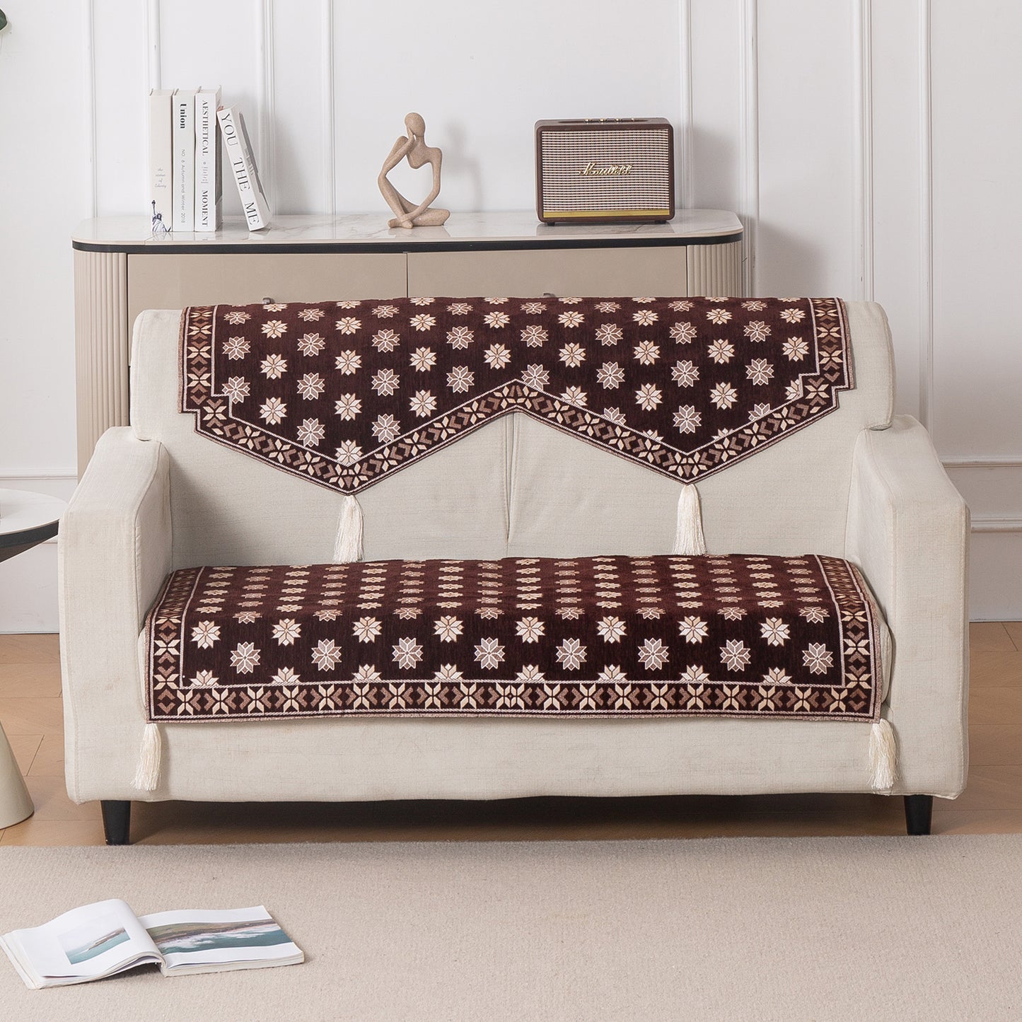 Heritage Weave Premium Jacquard Sofa Cover Set with Tassels - Coffee Brown