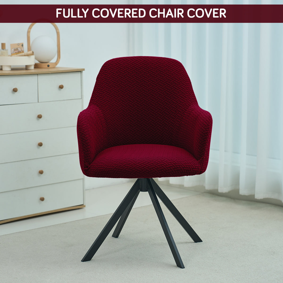 Premium Jacquard Fully Covered Cover for Swivel Dining Chair with Arms, Burgundy