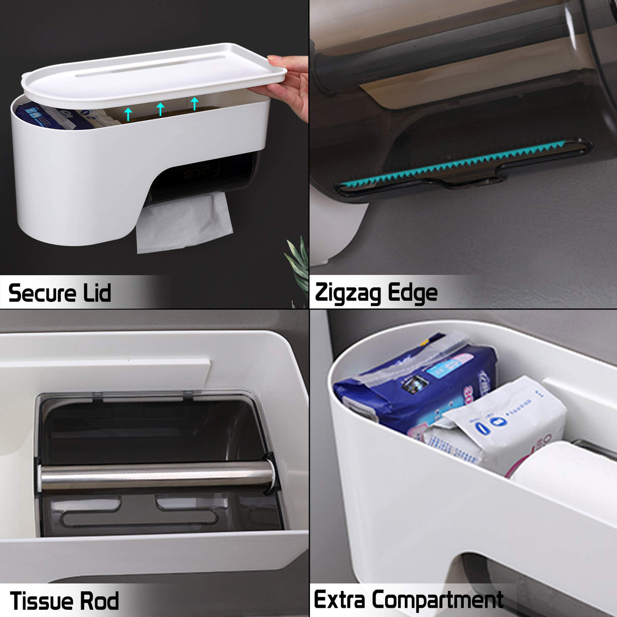 HOKIPO's Tissue Paper Holder for Bathroom | With Lid, Zigzag Edge, Tissue Rod & Extra Compartment